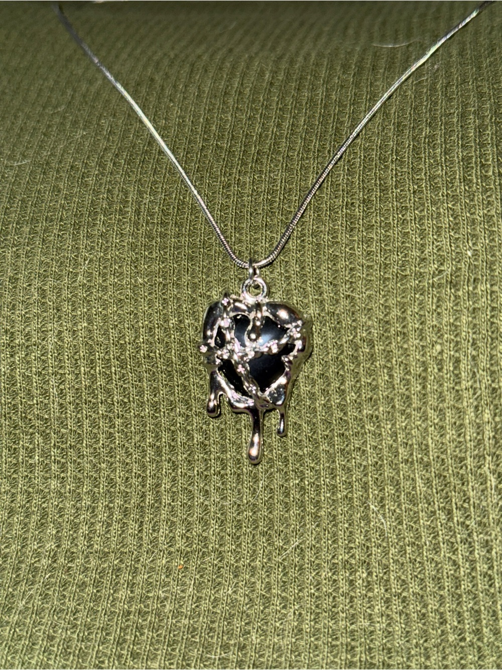 Silver Dripping Heart Pendant Necklace in Black